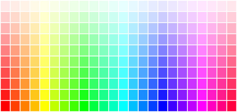 Color table, chart of tints of 24 hues. Bright colorful scale by adding white to hues and mixture of pure colors. Variety of light pastel pale nuances, graphic tool for design and color combinations.