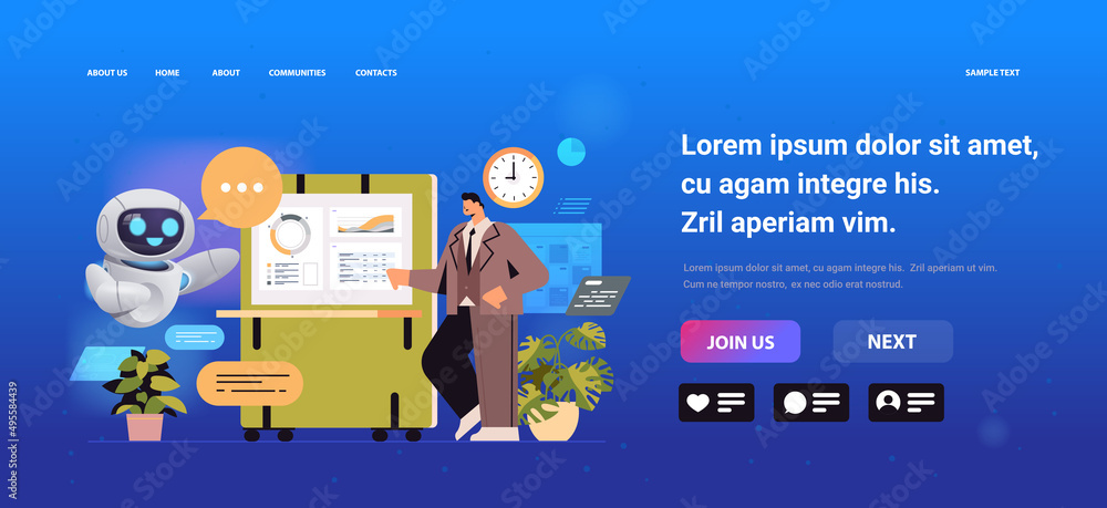 Poster businessman with robot analyzing financial statistics data in office artificial intelligence technol