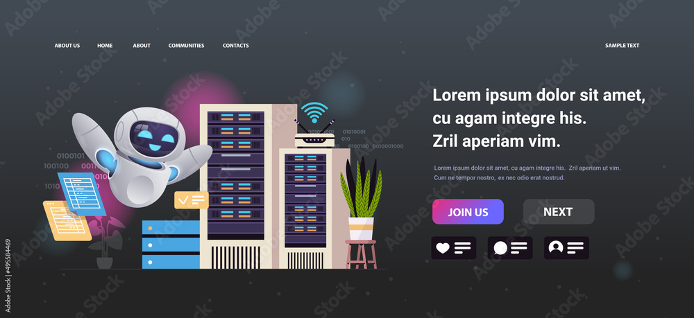 Poster robot working in data center room hosting server computer monitoring information database artificial