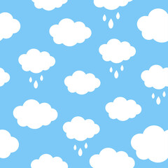Seamless pattern background with white fluffy cartoon clouds on light blue sky. Vector illustration for kids fabric or backdrop.