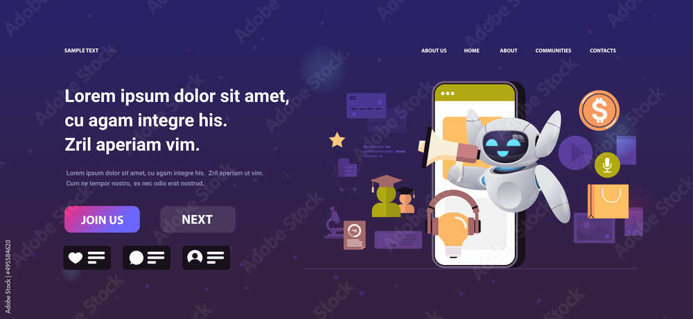 Poster robot using loudspeaker on smartphone screen chatbot ai faq service mobile business assistant concep
