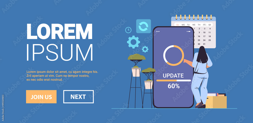 Poster woman updating operating system update process install new software on smartphone horizontal