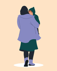 Refugees. Woman with a child. The girl carries the child in her arms, rear view. Vector image.