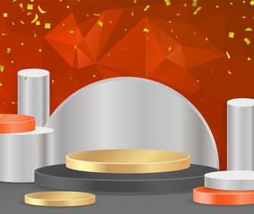 3D vector abstract podium, pedestal, plaque, cylinder steps of a round gold frame. The concept of minimalistic layout, empty space and space. Mock Up. on  red background abstract polygon
