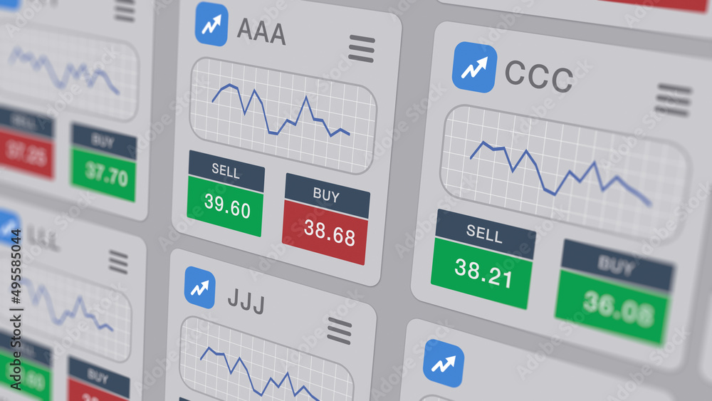 Poster close-up of a computer screen, web interface for a financial app, realtime stock market data and cha