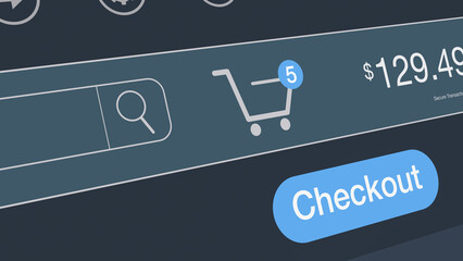 online shopping, close-up of a shopping cart icon with items counter and the checkout button (3d render)