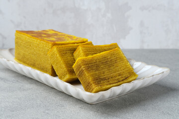 Lapis Legit, Spekuk, Spekkoek, is a delicious Indonesian cake, consists of many layers.  Close up
