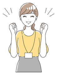 ガッツポーズをして応援する女性スタッフ（上半身）