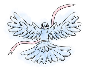 Nice digital a symbol of Easter and peace - flying with wide open wings pigeon and a pink ribbon on the white background