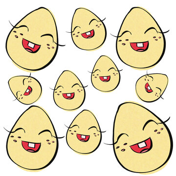 Cute digital Easter pattern with lot of nice smiling yellow Easter eggs isolated on the white background