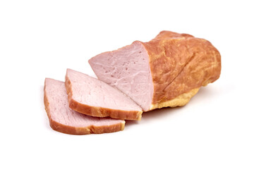 Smoked pork meat with slices isolated on white
