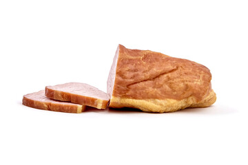 Smoked pork meat with slices isolated on white