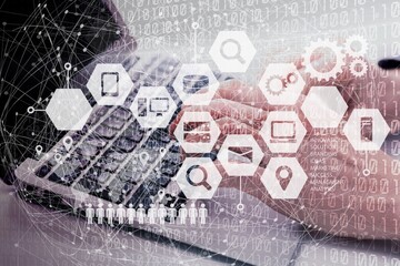 Man using mobile phone and laptop with circuit board on virtual screen. Digital technology, software development concept.