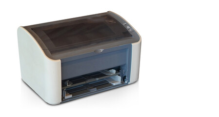 Obraz premium ancient white and grey printer on white background, object, background, technology background, business, copy space