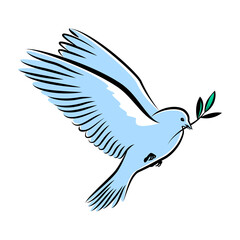 Silhouette of a flying dove with olive branch. Blue pigeon doodle. Vector illustration.