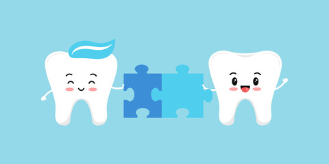 Cute teeth with connected puzzle piece. Flat design cartoon kawaii style smiling molar character vector illustration. Happy tooth holds puzzle part. Kids teeth education or challenge concept.