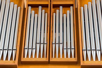 view on symmetric organ pipe of St. Peter church in Zurich