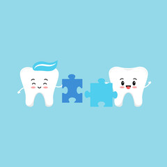 Cute tooth try to connect puzzle piece. Flat cartoon style smiling kids dental character vector illustration. Happy tooth holds puzzle part. Children teeth hygiene and education or challenge concept.
