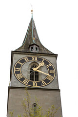 steeple of St. Peter church in Zurich with large clock face
