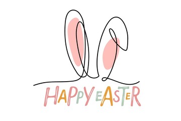 Happy Easter lettering with rabbit ears. Easter Day template. Vector phrase isolated on white background to easter design. Continuous one line drawing ears for family holiday decor, poster, card.