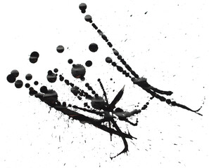 Drops of black paint on a white background.