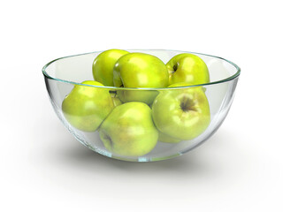 3d render green apples in a glass bowl isolated in the white bacground eating fruit