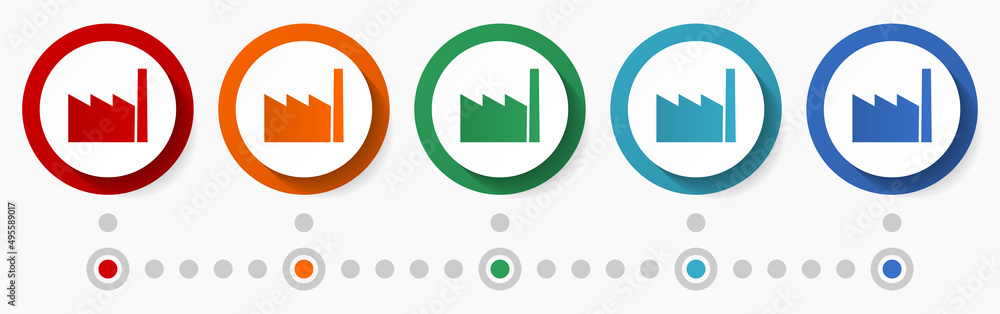 Poster factory, industry concept vector icon set, flat design colorful buttons, infographic template in 5 c