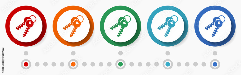 Poster keys, security concept vector icon set, flat design colorful buttons, infographic template in 5 colo