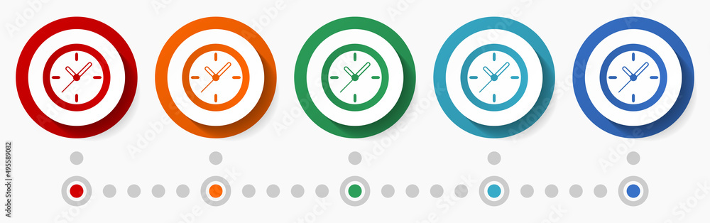 Poster clock, watch, time concept vector icon set, flat design colorful buttons, infographic template in 5 
