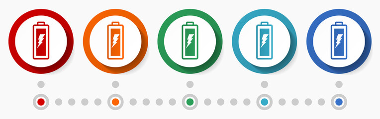 Battery, energy, power concept vector icon set, flat design colorful buttons, infographic template in 5 color options