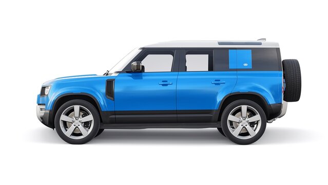 Paris, France. February 16, 2022: Land Rover Defender 2020. Blue Expedition SUV for rural areas and outdoor activities. 3d render