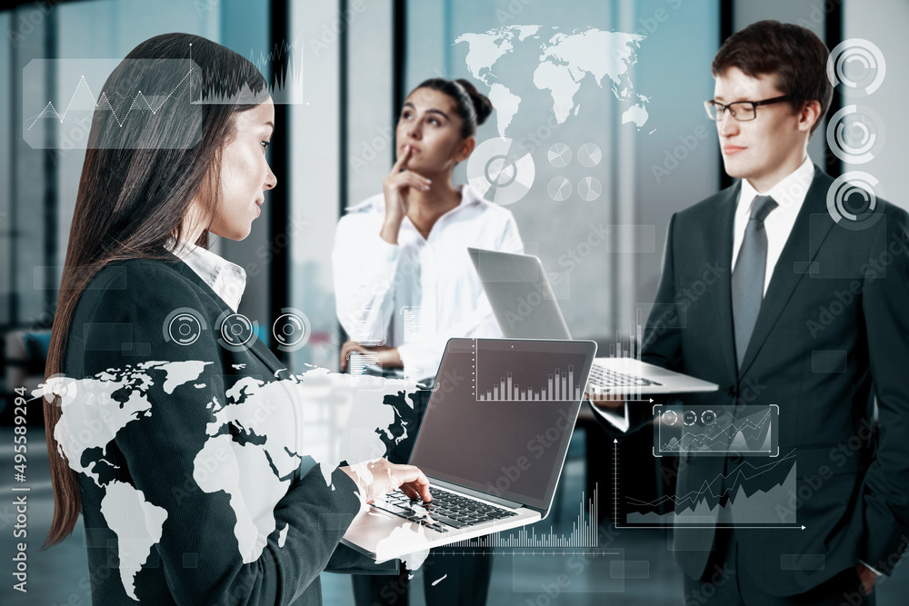 Poster attractive european businesspeople in blurry modern office interior using laptops with abstract digi