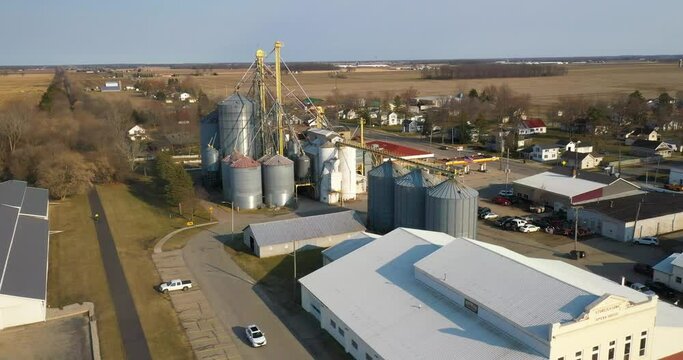 Grain elevator in Fowler Michigan with drone video pulling out.