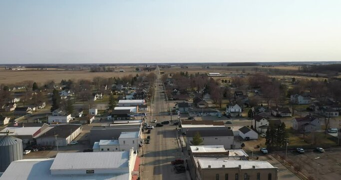 Downtown Fowler Michigan drone video moving down.