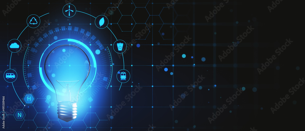 Poster Creative glowing ECO HUD screen hologram on dark background with mock up place. Ecosystem and digital technology concept. 3D Rendering.