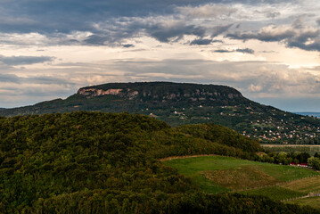 Vineyard in Badacsony, famous vine region in Balaton Highland, Hungary. Vine farm aerial view.