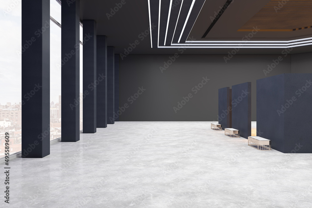 Poster Modern dark concrete public gallery with window city view and empty mock up place for your advertisement. 3D Rendering.