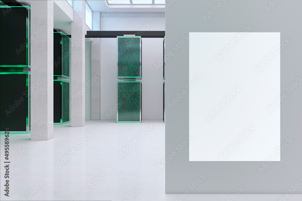 Poster Modern green server room interior with empty white mock up poster. Database and technology concept. 3D Rendering.
