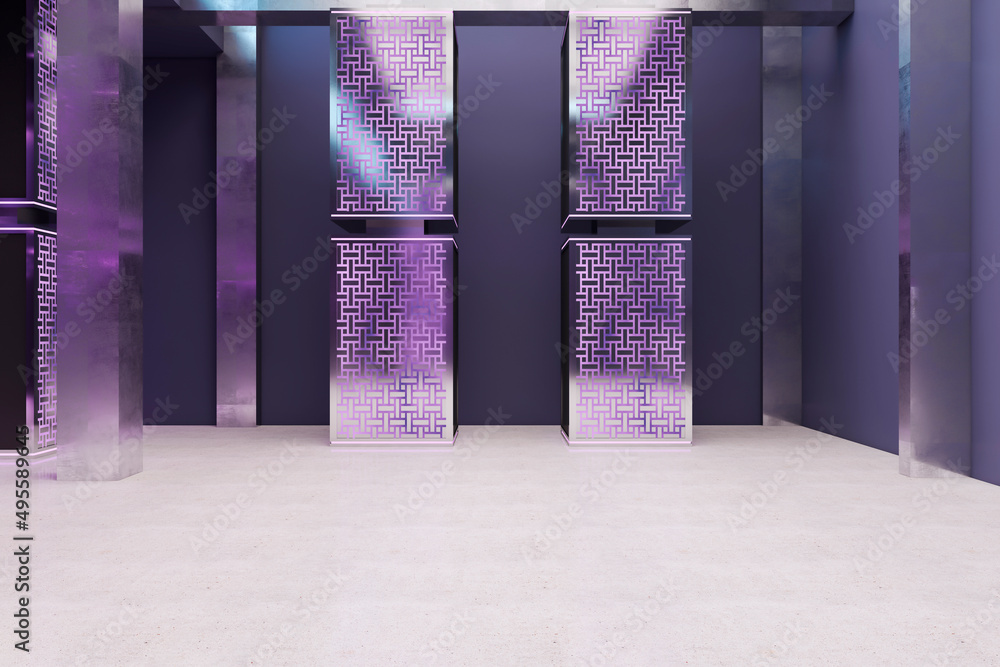 Aufkleber Light purple server room interior. Database and technology concept. 3D Rendering.