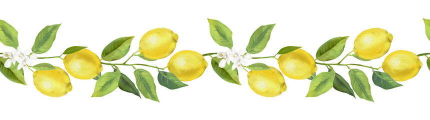Seamless border with lemon fruits, citrus flowers, and branches. Hand drawn watercolor images - obrazy, fototapety, plakaty