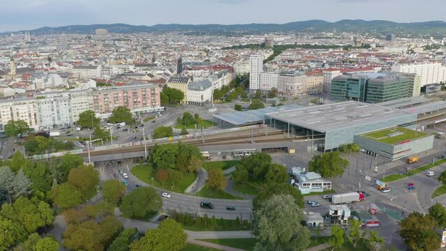 Drone Shot of Praterstern Train Station in Vienna, Austria