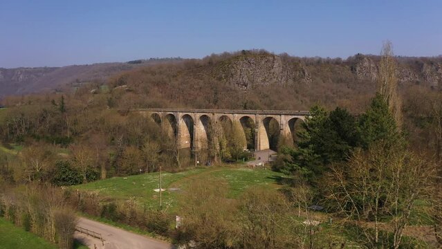 Drone shot of clecy viaduct in normandy on a beautiful day