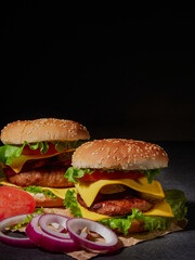 Fresh delicious burger on a dark background