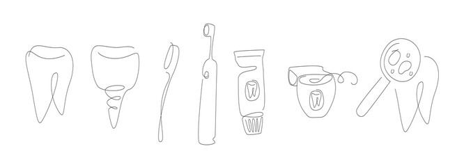 Dental care one line set. Tooth line art set. Outline implant vector illustration. One line tooth brush collection.