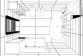 bathroom, contour visualization, 3D illustration, sketch, outline