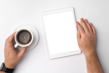 Digital tablet computer close up, man using tablet with hands