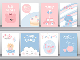 Set of baby shower invitation cards,happy birthday,poster,template,greeting,cute,animal,Vector illustrations.