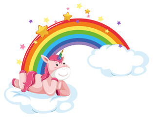Cute unicorn lying on cloud with rainbow in cartoon style