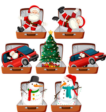Set of Christmas theme with Santa, snowman, christmas tree in the luggage