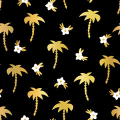 Golden Palm trees white Hibiscus flowers seamless vector background black. Gold foil palm tree silhouettes repeating pattern. Elegant tropical floral botanical vector background for fabric, gift wrap.